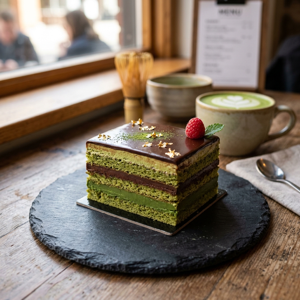Layered matcha opera cake with gold leaf